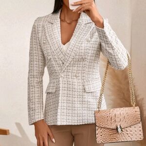 NEW Luxe Tweed Double Breasted Jacket Blazer Plus Cream Off White Metallic
